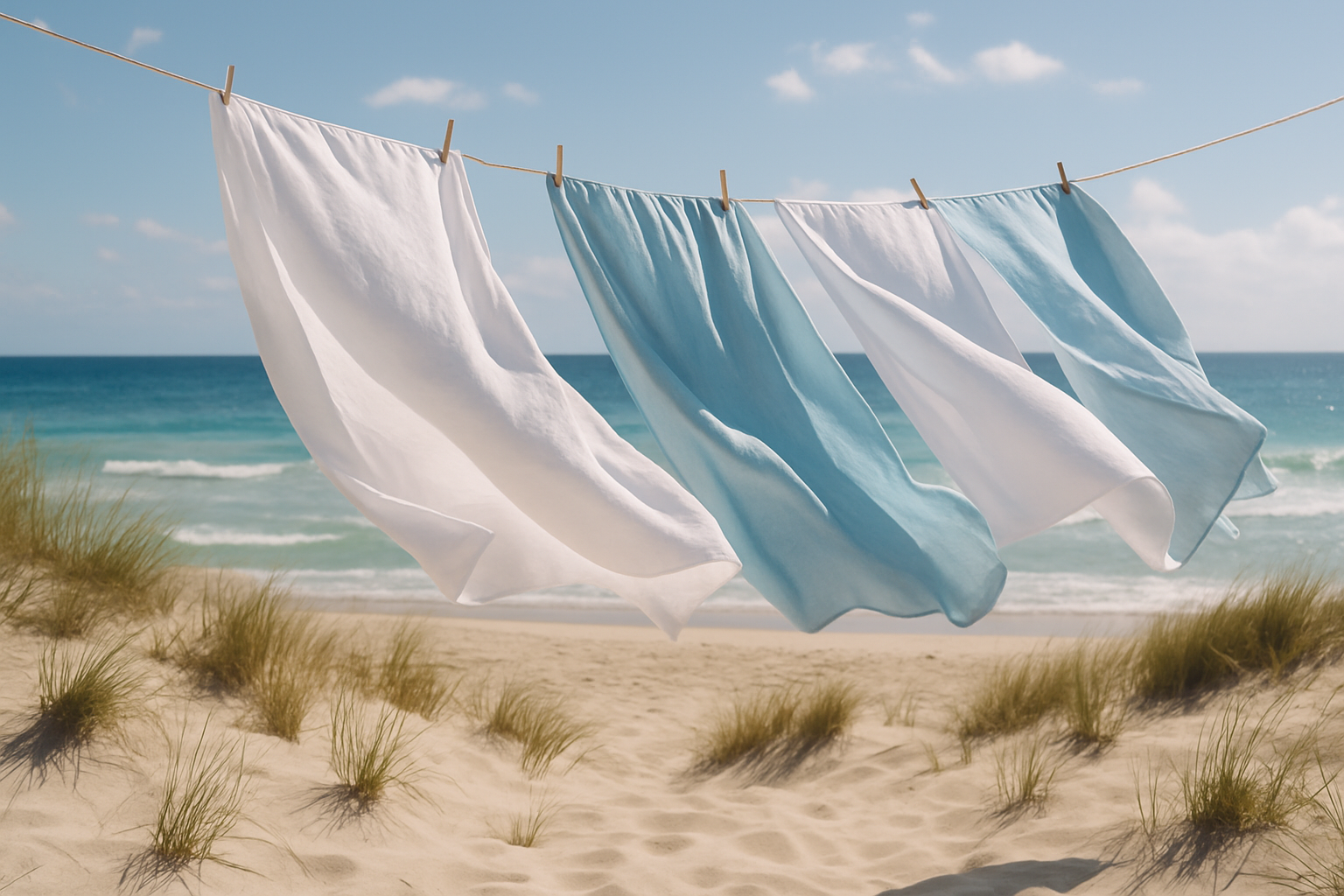 fresh linens blowing int he breeze by the ocean